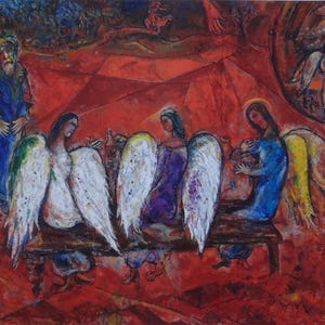 Marc Chagall, Abramo e i tre angeli, manifesto museale, pittura religiosa, arte naif, primitivismo,