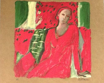 Original Lithograph Robert Stenne Signed Artist Proof Belgian Modernist Woman Red Dress 1980s