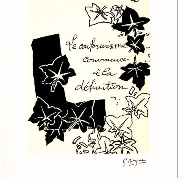 Georges Braque, impression lithographique, le conformisme commence à la définition, message d'un peintre,