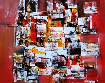Original Abstract Acrylic Painting on Canvas - Textured Vietnamese Art Red Orange Blue by Hoang Thanh Phong