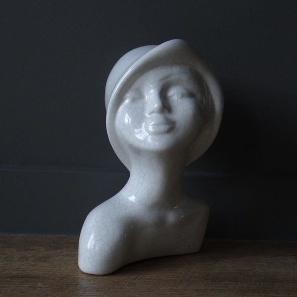 Buste de femme Art Deco en porcelaine craquelée blanche, charme rétro, les 30 glorieuses, Belle Epoque, faïence fine,  poterie