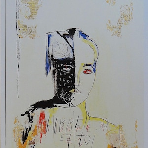 Litografía abstracta "Retrato de un hombre y su cerebro emocional" de Jacq Kino – Edición limitada firmada