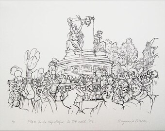 Raymond Mason, original lithograph, tumultuous times, Parisian atmosphere, Place de la République, street scene in Paris, hustle and bustle