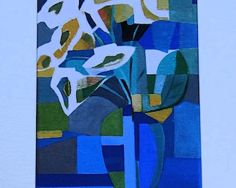 Cubist Floral Lithograph Print - Hand-Signed Original Abstract Flower Bouquet by Alejandra S Picasso Inspired