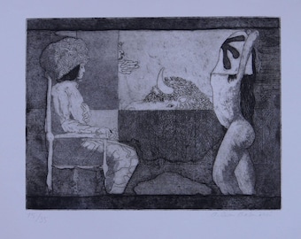 Arturo Carmassi The Prince, the Unicorn, and the Dancer Original Signed Etching 1969 Limited Edition Print