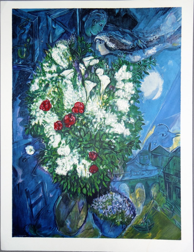 Marc Chagall lithograph bouquet of flying lovers fusion of image 0