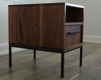Sable Side Table – Solid Walnut Nightstand with Drawer & Open Shelf | Modern Steel Base End Table