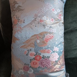 Cushion cover 43cm,  Upcycled Japanese Kimono Obi , Flowers , River, nature,