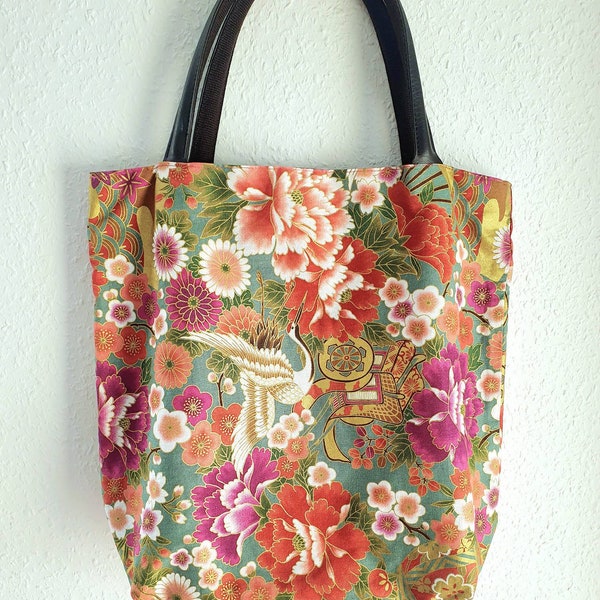 082 Sac fourre-tout en coton, design japonais, grue et pivoine