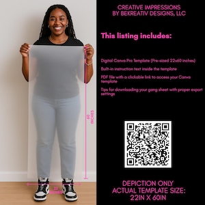 Może przedstawiać: Cyfrowy szablon Canva Pro do arkusza gangów, wstępnie sformatowany do 56 cm x 152 cm. Szablon zawiera wbudowane instrukcje i klikalny link do dostępu do szablonu Canva.