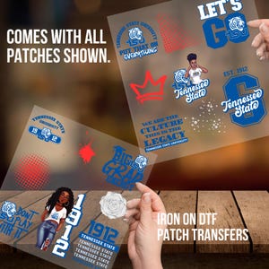 May include: A set of iron-on patches featuring various designs related to Tennessee State University. The patches include a tiger mascot, the university's logo, and the words "Let's Go TSU".