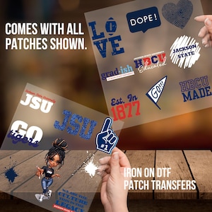 May include: Iron-on transfer patches featuring a variety of designs, including the words "JSU", "Go Tigers", "HBCU Made", "Love", "Dope", "Grad-ish", "HBCU Educated", "Est. In 1877", and "#1".