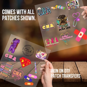 May include: A set of iron-on patches featuring various designs related to the Certified Nursing Assistant (CNA) profession. The patches include a stethoscope, a heart, a superhero logo, and text that says "CNA Life".