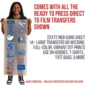 May include: A clear sheet featuring multiple full-color DTF (Direct to Film) transfers with Savannah State University logos and text. The sheet measures 22x72 inches and is designed for use on various items like hoodies, t-shirts, and tote bags.