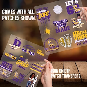 May include: A set of iron-on patches featuring various designs related to Prairie View A&M University. The patches include the university's logo, the words "Prairie View Made", "HBCU Vibes", and "It's Giving Prairie View", and other designs. The patches are on a clear sheet and are ready to be ironed onto clothing or other items.