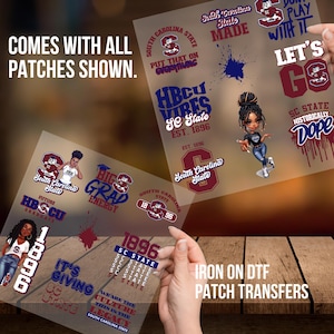 May include: A set of iron-on patches featuring various designs related to South Carolina State University. The patches include the school's logo, the words "HBCU Vibes", "SC State", "Big Grad Energy", "It's Giving", and "Let's Go".