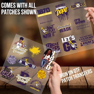 May include: A set of iron-on transfer patches featuring various designs related to Benedict College, a historically black college. The patches include the college logo, the year 1870, and phrases like "HBCU Vibes", "Benedict Made", and "Let's Go".