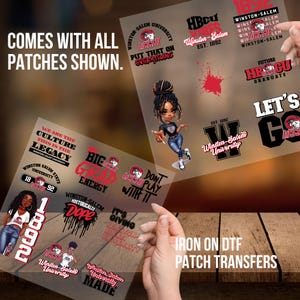 May include: A set of iron-on patches featuring various designs related to Winston-Salem State University. The patches include the university's logo, the words "HBCU", "Big Grad Energy", "Historically Dope", and "Let's Go".