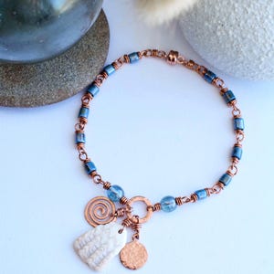 Shell Charm Bracelet with Copper Links & Blue Glass Beads, Natural Jewelry Made in Alaska