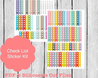 May include: Two sheets of printable sticker designs for a check list sticker kit. The stickers are colorful and feature polka dots and banners. The text "Check List Sticker Kit" and "PDF & Silhouette Cut Files" are printed on the sheets.