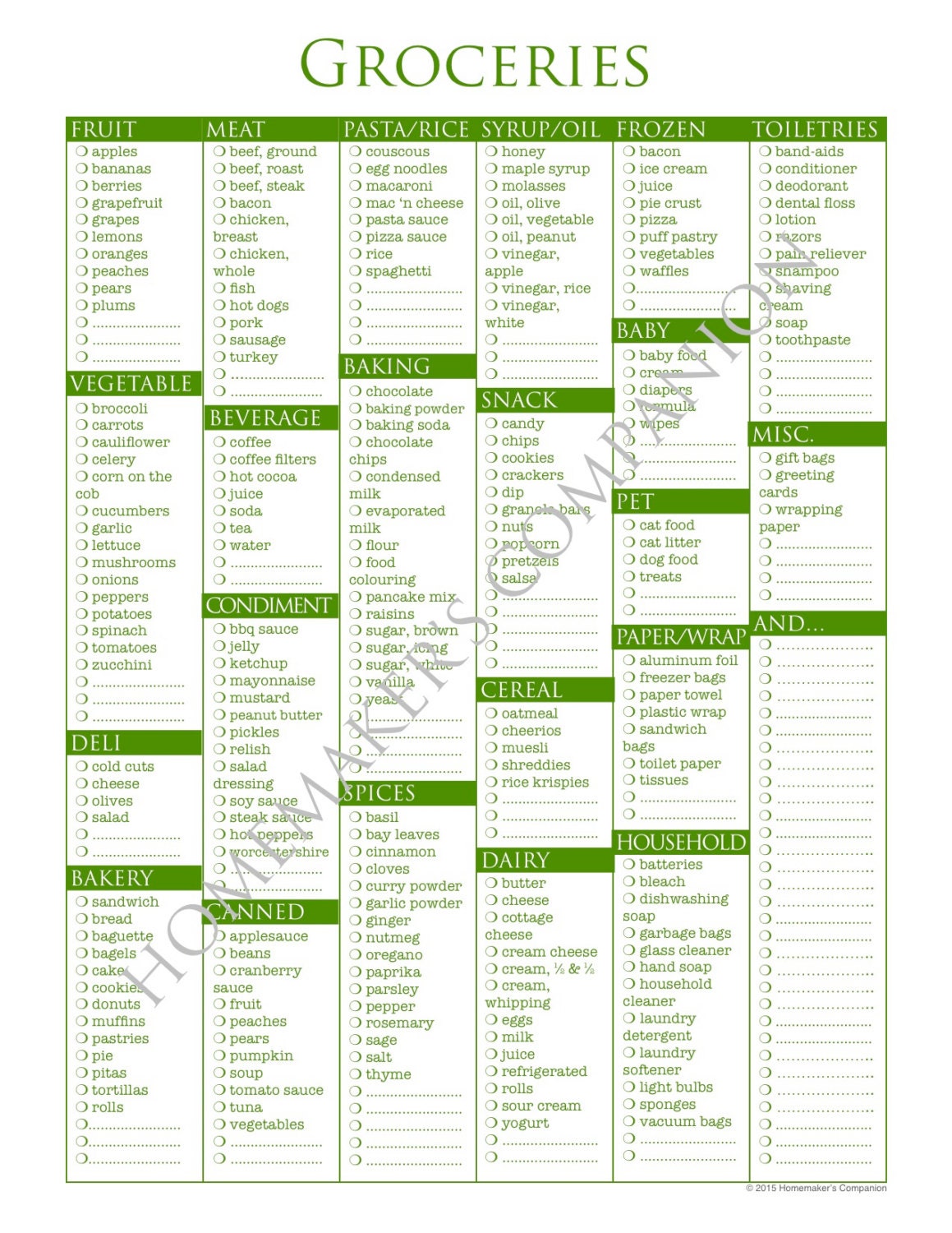 173 Item Customizable Printable Weekly Grocery Shopping List