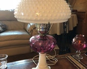 Fenton milk glass and cranberry lamp