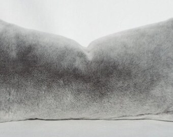 Fur pillow, Oblong, Lumbar throw, Rectangular cushion Grey fur,Handmade