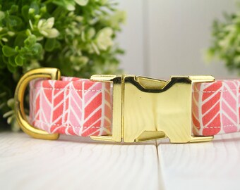 Pink Herringbone adjustable Dog Collar w/ Metal Buckle