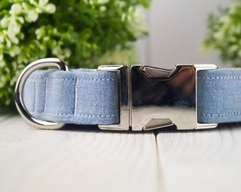 Denim Chambray adjustable Dog Collar with Metal Buckle