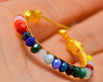 SNAKE GOLD Hoop Rainbow EARRINGS, Holiday Gift for Her, Round gemstone earrings, Wiper Golden earrings, Serpent bead Wrap Handmade Earrings