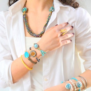 Authentic Jewelry Set, Blue Wedding Necklace, Turquoise Silver Rose Jewelry, Name Bangle, Stackable Bracelet