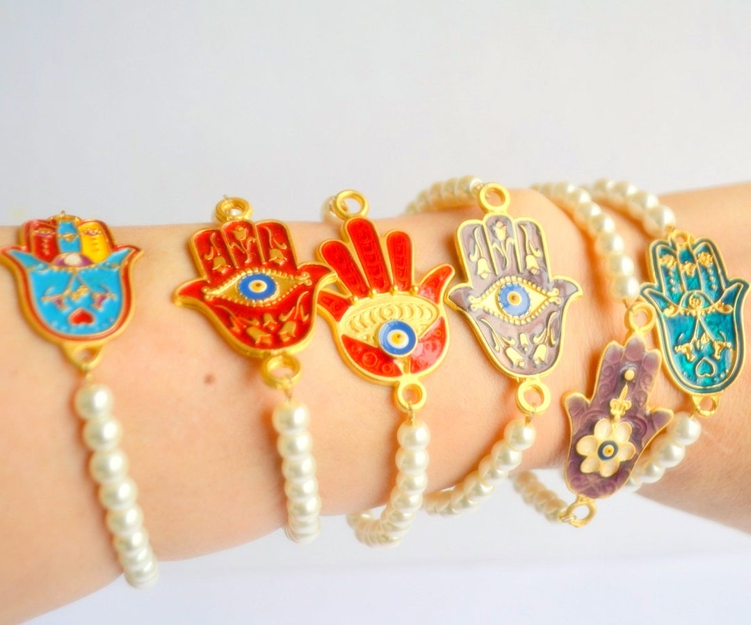 EVIL EYE HAND Handmade Bead Bangle, Good Luck Evileye Jewelry, Hamsa