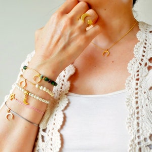 Crescent Gemstone elastic Unisex Bracelet, Golden Zodiac Ring, New Moon Necklace, Star Pink Bangle