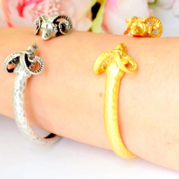 Ram Head Gold and silver Cuff Bangle, Christmas Unisex Aries Goat Arm Bangle, Horn Silver Bangle,