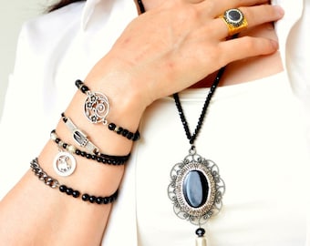 Black long Onyx Gemstone Necklace, Chain Flower Bracelet, Astrology Belt Bracelet, Bar Clay Ring