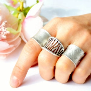 Unisex Adjustable Boho Ring, Bohemian Silver Unique Carved Greek Bar Band, Chunky Stackable