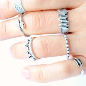 Può includere: Una collezione di anelli d'argento, ognuno con un design unico. Un anello presenta un serpente, un altro ha un motivo strutturato e altri hanno dettagli a perline o geometrici. Gli anelli sono mostrati su una mano su sfondo bianco.