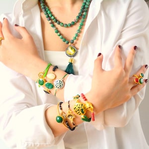 Turkish Authentic Handmade Green Long necklace, two-line Multi strand Jewelry, Ruby Gemstone Crescent Black