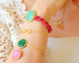 Owl Golden pink hamsa hand Necklace, Infinity Ottoman Silk wire Bangle Jewelry gift