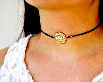 Black Leather Choker Necklace with Gold Tone Crystal Pendant, Boho Statement Jewelry