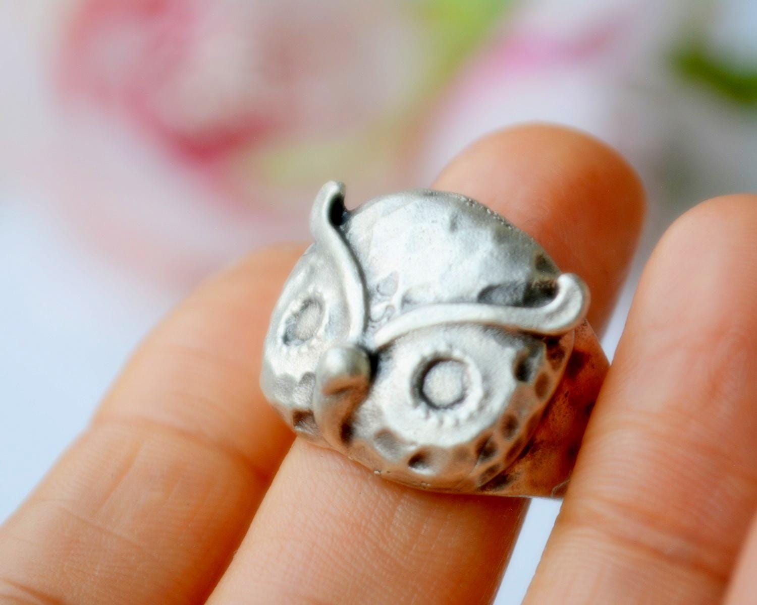 Antique Silver Plated Owl Ring, Resizable Boho Brass Jewelry, Wise Bird Face