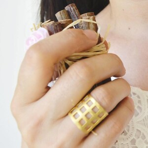 Puede incluir: Un anillo dorado con un diseño de rejilla. El anillo es ancho y cubre una parte significativa del dedo. El anillo es el punto focal de la imagen, con un fondo suave.