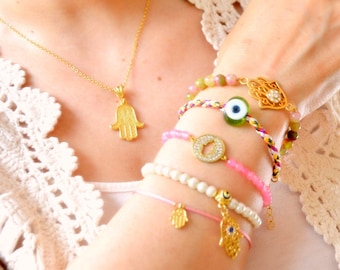 Pink Evil eye Bracelet, Hamsa Hand Bangle, Negative Energy EvilEye Protection Turkish Nazar Necklace