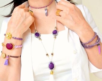 Purple Bullet Stone Lilac Silk Necklace, Turkish silk wrap bangle, Hexagonal Amethyst gemstone bracelet