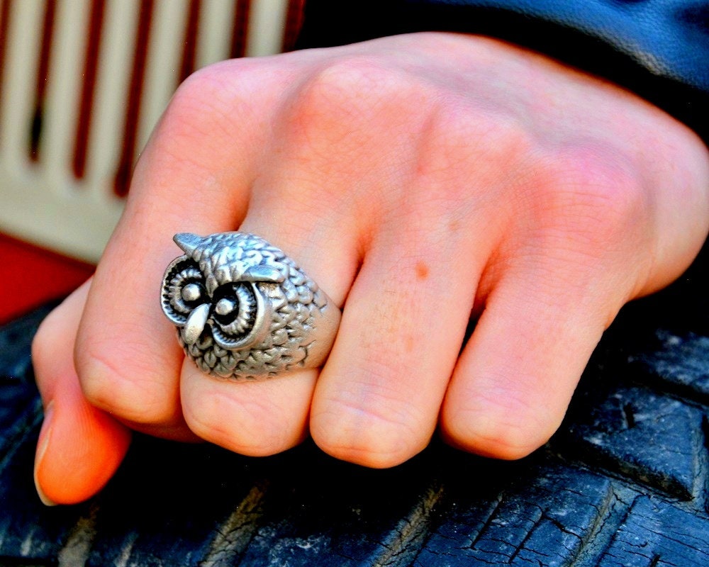 OWL Lucky Silver RING, Good Luck wisdom Artistic Amulet Wise Bird, Wildlife Jewelry
