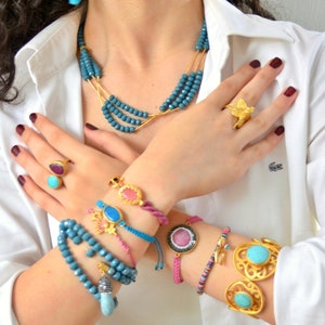 Blue Multi line Necklace, Pink macrame bracelet, Dangle Earring, Butterfly Ring, Navy Wrap Bangle