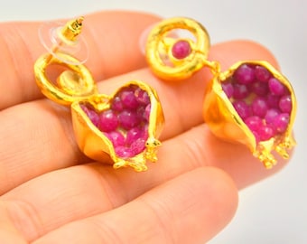 POMEGRANATE PINK Golden EARRINGS, Armenian Burgundy 3 D gemstone Pomegranate Jewelry, Handmade Fruit Turkish