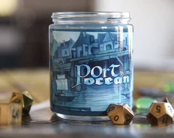 Port by the Ocean Wheel of Flame Candle with Embedded Metal Dice // Dungeons and Dragons Inspired