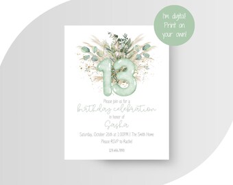 Invitation d'anniversaire bohème verte | Invitation florale à une fête (numérique)