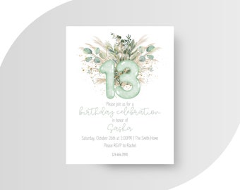 Invitation d'anniversaire bohème verte | Lot de 10 cartes plates